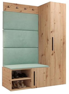 Mirjan24 Garderoben-Set Mapreni II, Schuhschrank + Kleiderhakenbrett + Kleiderschrank Gepolstertes Paneel/Wandpaneel Kleiderhaken Flurgarderobe Wandgarderobe (Artisan Eiche, Manila 11)