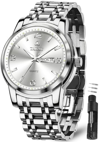Taxau Herrenuhr Silber Edelstahl 41mm Klassische Armbanduhr für Männer mit Datum Wochentag Wasserdicht Uhr für Business Büro Minimalistisches Design Eleganz