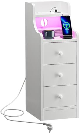 Schmaler Nachttisch mit LED-Beleuchtung - 30x25cm Kommode Schlafzimmer mit 2AC+2USB Steckdose, 3 Schubladen, Bluetooth Licht, Perfekt als Nischenschrank, Beistelltisch oder Schmales Regal (Weiß)