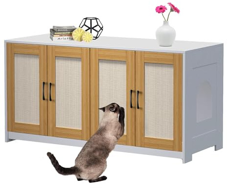 Thaookte 2-Door Cat Litter Box Enclosure, Wooden Hidden Litter Box Furniture with Storage, Scratching Board, Indoor Cat House TV Stand Side Table, 120 x 50 x 61.5 cm, White