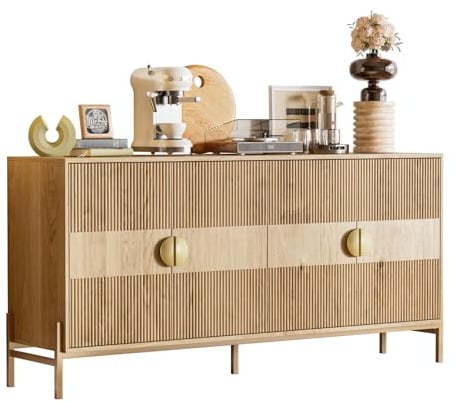 Nidouillet Geriffelter Buffetschrank mit Stauraum, Sideboardschrank mit 4 Türen und verstellbaren Regalen, Boho-Kaffeebar-Stationstisch, moderner Holzschrank für Küche, Wohnzimmer und Esszimmer