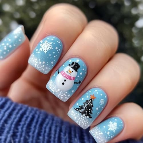 Ceboic 24 Pièces Noël Faux Ongles Carré Moyen, Bonhomme de Neige Bleu Press on Nails, Acrylique Ongles à Coller avec Sapin de Noël & Flocon de Neige, Faux Ongles Autocollants pour Femme DIY Manucure