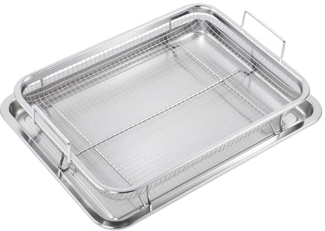 Hanmorfarbi Knuspriger Korb und Backblech Set aus Kohlenstoffstahl für Backofen und Airfryer, 32.5x24.5cm Edelstahl Grillkorb, inklusive antihaftbeschichtetem Gitterkorb (Silber)