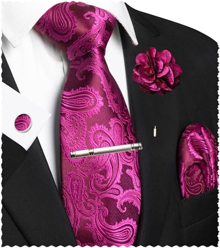 JEMYGINS Paisley Bordado Diseño Corbata Set Hombre Pañuelo de Bolsillo Clip de Corbata, Gemelos Flor para Boda Fiesta Negocios Multicolor
