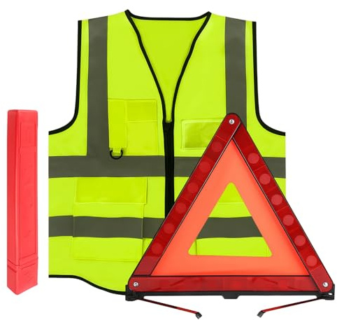VBGURR 2in1 Warndreieck KFZ Warnwesten Set, Pannendreieck Faltbar fürs Auto | 360 Grad reflektierendes Notfalldreieck & Warnweste inklusive praktischem Aufbewahrungskoffer für Bus, PKW & LKW