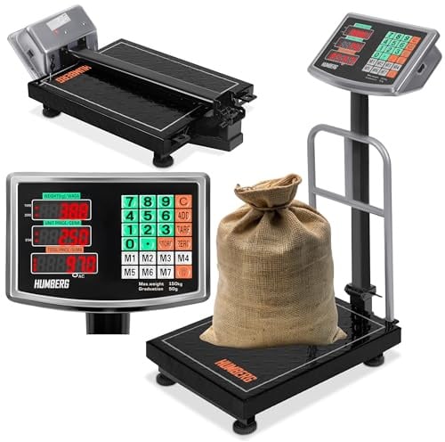 Humberg Paketwaage 150 kg - Plattformwaage mit LCD Anzeige, Akku und Netzteil - Digitalwaage für Lager, Versand und Warenkontrolle - Stahlplattform 30 x 40 cm