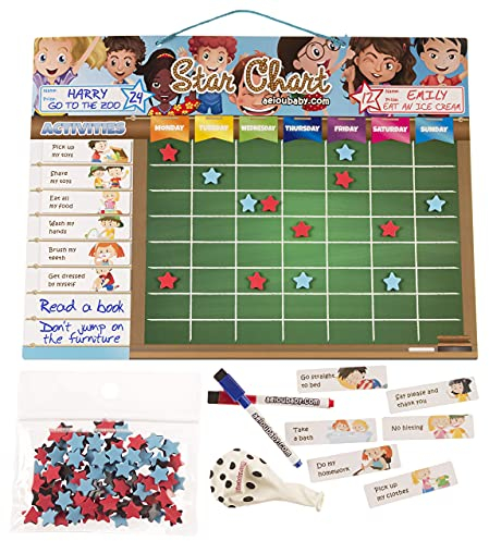 BELOHNUNGSTAFEL Magnetisch Groß | Sternchenplan für Wand oder Kühlschrank, 43x32cm. 22 Tätigkeiten, 2 Stifte und 1 Ballon | Geschenkbox als Geschenk für Kinder und Geburtstage (Englisch)