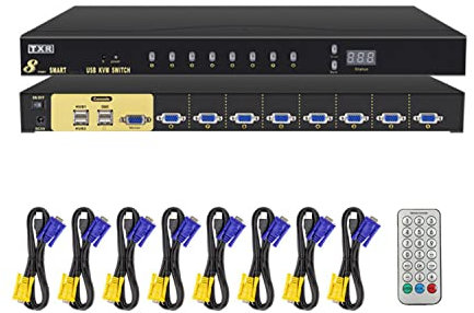 Productos neutros Switch KVM USB VGA, Switch KVM 8 Porte VGA 8 in 1 Display remoto per videoproiettore con 8 Cavi VGA Originali: per Win98 / Me / 2KP4 / XP / 2003, Linux, Mac(8 Porte)
