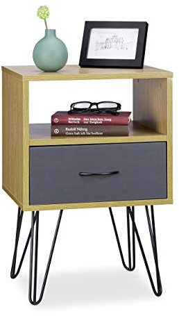 Relaxdays Retro Nachtschrank, mit Schublade, Holzoptik, Metallbeine, Vintage, Nachttisch, HxBxT: 60 x 40 x 35 cm, braun