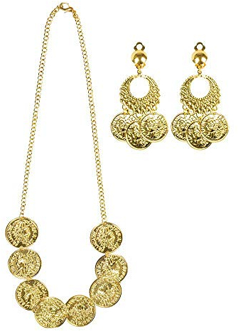 Boland 64510 - Schmuckset Bauchtänzerin, 3-teiliges Set, zwei Ohrringe und eine Halskette, Modeschmuck, Gold, Münzen, Belly Dance, Karneval, Mottoparty, Kostüm, Verkleidung, Tanzen, Bühne, Theater