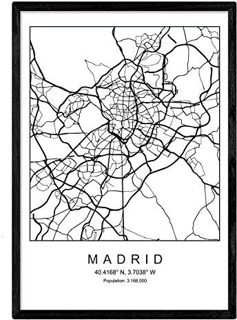 Lámina mapa de la ciudad Madrid estilo nordico en blanco y negro. Poster tamaño A4 Enmarcado con marco negro Impreso papel 250 gr. Cuadros, láminas y posters para salon y dormitorio
