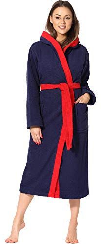 Ladeheid Damen Frottee Bademantel aus 100% Baumwolle LA40-191 (Dunkelblau-29/Rot-26, S)