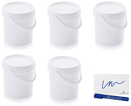 MARKESYSTEM Cubo HERMÉTICO Catering Pack de 5 X 1,18 litros - Cubos de Plástico con Tapa - Contenedores Apilables - Envasar Alimentos, Líquidos y Pinturas - Polipropileno Blanco + Kit Etiquetado