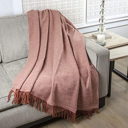 Calyx Interiors Wool Throw Blanket – 50 x 60in Lambswool Throw Blanket with Tassels – Soft and Warm Thick Wool Throw – Throw Blanket for Couch, Bed, Sofa – Warm Blanket for Winter (Brick/Cream)