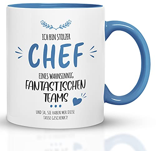 Kaffeebecher24 - Tasse mit Spruch Stolzer Chef eines wahnsinnig fantastischen Teams - Spülmaschinenfest - Chef Tasse lustig - Geschenk für Chef - witzige Tasse - Hellblau