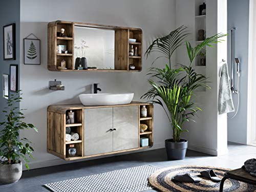 Woodkings® Badset, 2teilig, Waschtisch mit Spiegel Dingle Echtholz und Betonoptik grau Waschtischunterschrank Badmöbel Badezimmer Möbel Holz Unterschrank Badschrank