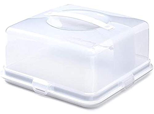 St@llion 33 cm Handheld Red Square Cake Container with 2 Lockable Lids for Cakes, Muffins, Mini Cakes, Donuts, Bread Slices - Easy to Carry - Travel Friendly, Transparent