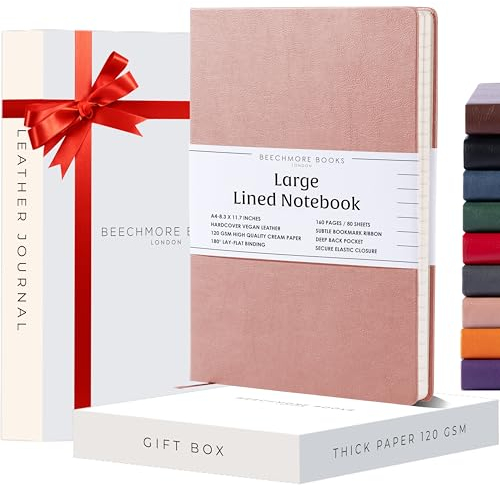 Beechmore Books Notizbuch liniert - XL A4, Rosa I Premium Hardcover Journal Buch aus veganem Leder, 120gsm creme Papier, Geschenkbox, für Schriftsteller, Journalisten, Meetings & Studenten