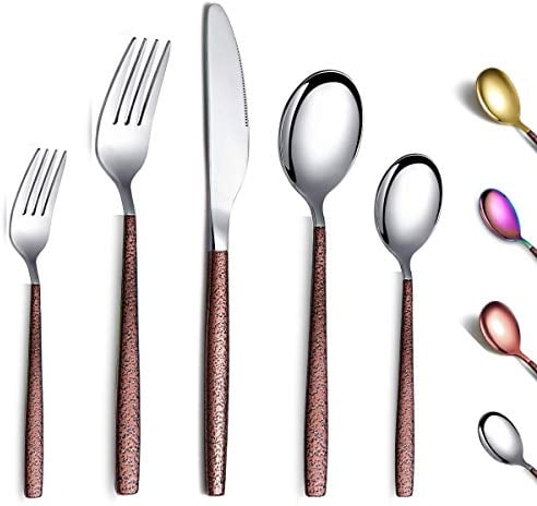 Berglander Juego de cubiertos de 30 piezas con mango de superficie lunar y cabeza dorada brillante con revestimiento de titanio acero inoxidable cuberteria de plata de utensilios Servicio para 6