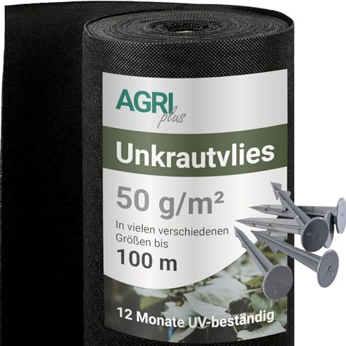 AGRI plus Set Unkrautvlies mit 100 Erdnägel I 1,2 x 25 m I Verschiedene Maße I Reißfestes 50 g/m² Polypropylen Vlies für den Außenbereich I Gartenvlies wasserdurchlässig & UV-beständig