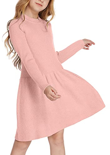 Arshiner Robe Pull pour Fille - Automne - Hiver - Manches Longues - en Tricot - Flare Skater - Ligne A - Couleur Unie - Basic - pour Les Loisirs