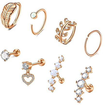 VFUN Piercing Oreille Helix Acier Chirurgical Feuille Piercing Conch Coeur Diamant CZ Piercing Tragus Set de Piercing pour Femme Bijoux d'Oreilles - Or rose