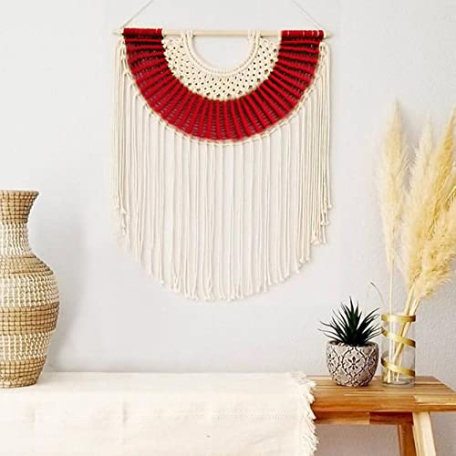 WABMJGW Handgefertigter Makramee-Wandbehang Halbkreis Rot/Orange, Natürliches Makramee-Seil gewebte Makramee-Wandteppiche, Boho-Chic-Home-Art-Dekor für Wohnzimmer, Wohnung,Red-23.6 x 31.5 in