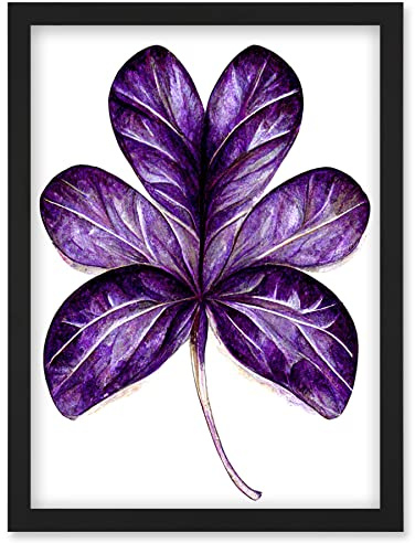 Wee Blue Coo Purple on White Six Clover Modern Simple Leaf Illustration Artwork Framed Wall Art Print A4