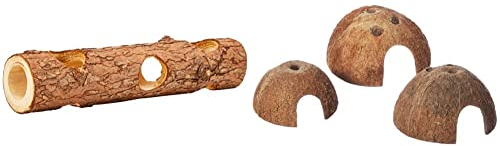 Trixie 6131 Natural Living Röhrentunnel, ø 7 × 30 cm & 76160 Set Kokosnuss Halbschale, ø 8/10/12 cm