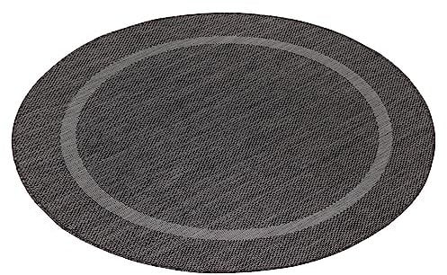 Teppium Outdoor Teppich Wetterfest 200 cm Rund Schwarz Sisal Optik - Küchenteppich Waschbar rutschfest, Wasserfest, Bordüre, Pflegeleicht - Ideal für Balkon, Terassen, Garten, Camping oder Küche