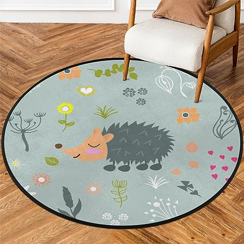 Igel Blume Blätter runder Teppich 152 cm Kreis Bereich Teppich weich rutschfest waschbar Indoor Bodenmatte ultradünn Überwurf Teppich für Eingangsbereich Schlafzimmer Badezimmer Wohnzimmer