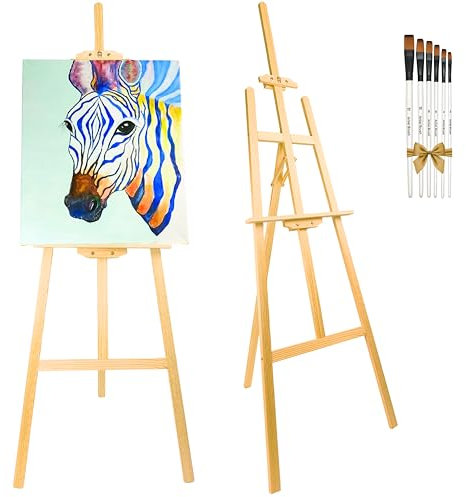 Atril pintura profesional 175 cm incluye pinceles. Caballete pintura para lienzos grandes y pequeños. Caballete de madera plegable y altura ajustable. Soporte para lienzos y exposición de cuadros