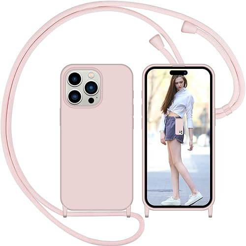 Nupcknn Silicone Liquide Coque avec Cordon pour iPhone 15 Pro Max, Anti-Jaunissement Coque Antichoc Housse Collier Réglable Téléphone Étui Portable Lanyard Case Protection Complète Cover(6.7,Or rose)