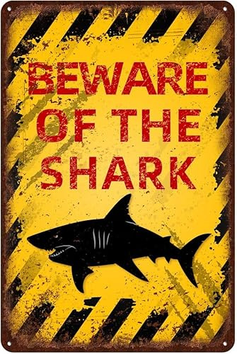 Geroclonup Lustiges Schild Vintage Shark Metallschild Beware of Shark Aluminiumschild Lustige Vorsicht Tier Dekor 20 x 30 cm