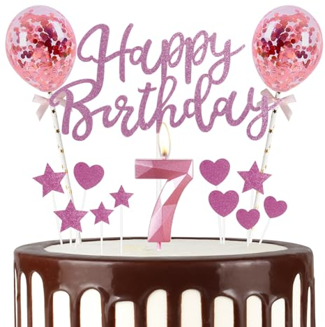 mciskin Pink 7th Birthday Decorations for Girl,3D Number 7 Candle for Cake,Pink Cake Toppers for Girl,Glitter Happy 7th Birthday Cake Toppers Balloons for Party Decorations Supplies