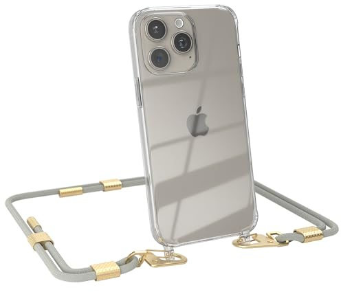 EAZY CASE - Handykette mit Karabiner kompatibel mit iPhone 15 Pro Max - Hülle Silikonhülle Fallschutz transparente Handyhülle Kette zum Umhängen Schutzhülle in Taupe - Clips Gold