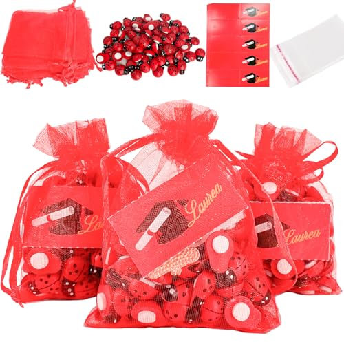 BOOSHMall 50pz Sacchetti Portaconfetti Rossi per Laurea con Ciondoli Coccinella, Organza e Plastica Trasparenti, Etichette e Bigliettini - Bomboniere Fai da Te
