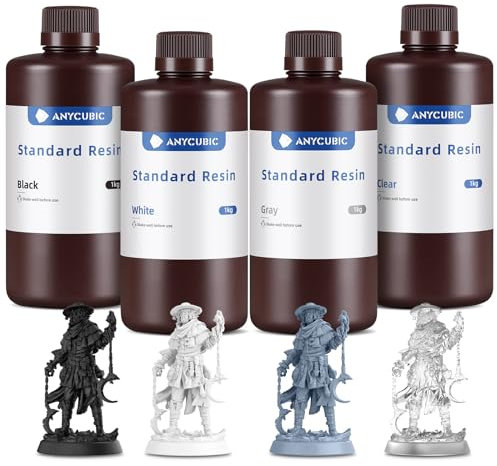 ANYCUBIC 3D Drucker Resin, UV 405nm Standard Rapid Photopolymer Resin, mit Hoher Genauigkeit und Schneller Aushärtung für den LCD DLP 3D Printer (Schwarz+Weiß+Grau+Klar, 1kg, 4pcs)