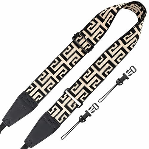 Padwa Lifestyle Adjustable Camera Strap with Quick Release Clip fits All Cameras - 2 Full Grain Leather Head,Exquisite Jacquard Embroidered Camera Straps for Photographers - White Arches