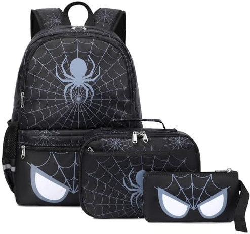 Octsky Kinder-Rucksack für Schule, Mädchen, Jungen, Rucksack mit Lunchbox-Set, Grundschule, Schultasche, Rucksack für Teenager, Spinne, Schwarz, 3 Stück