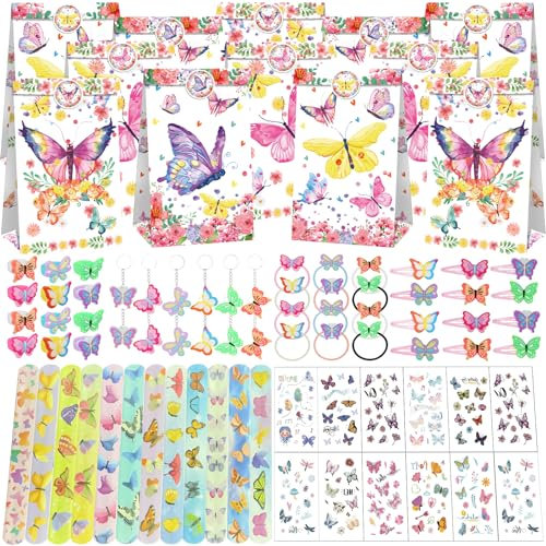 PQKL-party Schmetterling Party Mitgebsel Kindergeburtstag Mädchen,Schmetterling Geburtstag Deko, Geschenktüten,Ring,Haarseil,Hair Clips,Schlüsselanhänger,Schnapparmband,Tattoos Aufkleber