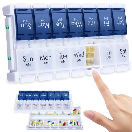 CSTDE Weekly Pill Organiser 2 Times a Day, Easy Fill Large Pill Box 7 Day, Am Pm Medicine Organiser, Push Button Daily Pill Case for Vitamin, Fish Oil, Supplements