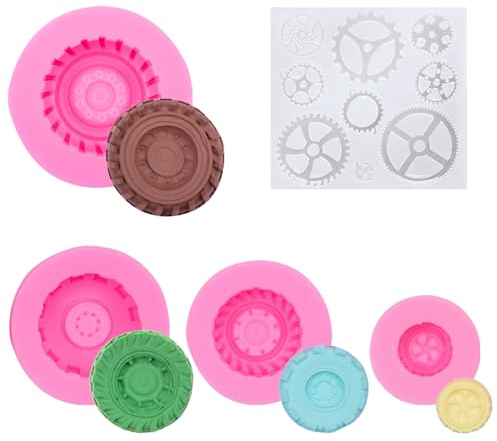 Bekecidi Silikonformen für Autoreifen, LKW, Rad, Schokolade, 3D-Reifen, Kuchen, Fondant, Zahnrad-Form, Silikon-Backformen für DIY, Süßigkeiten, Gelee, Seife, Auto-Kuchendekorationen, 5 Stück