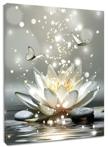 LB Wandbilder Graues Zen Spa Poster Weiße Seerosenblüte mit Schmetterling Wanddruck Yoga Entspannen Leinwand Bilder für Wohnzimmer Schlafzimmer Badezimmer Wand Deko,30x30cm Ungerahmt