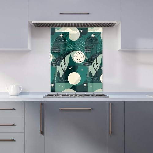 Premium Abstact Green Cream Moon and Stars Kitchen Splashback 6mm Toughened Glass Kitchen Splashback – Heat Resistant Splashback for Kitchens, Perfect for Cookers and Hobs, Polished Edges