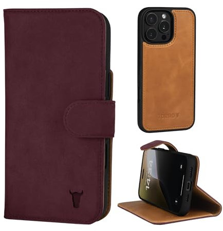 TORRO Nubuck Leather Case Compatible with iPhone 16 Pro Max – Bumper Case with Magnetically Detachable Wallet With Stand (Compatible with Official MagSafe Chargers) - Nubuck Maroon