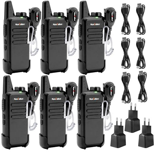 Aufladbar Walkie Talkie Kinder Funkgerät: MaxTalker MT1 Walkie Talkies für Kinder Erwachsene, Walky Talky mit großer Reichweite und Ohrhörer für Schule, Camping (6 Stück)
