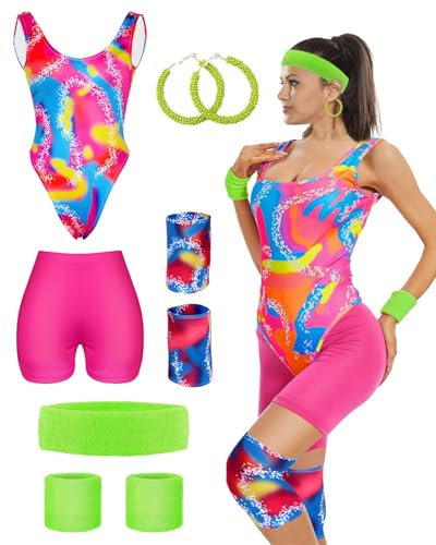 CHMMY Halloween kostüm damen Margot Robbie 80er Jahre Workout Kostüme für Damen 80er halloween kostüm 80er Jahre Karneval Sportlicher Stil Set Beinwärmer Stirnband Armbänder Ohrringe (L)