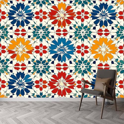 Papier Peint Panoramique Fleurs Traditionnelles 3D Peinte Fleurs Géométriques de Style Rétro Intissé Murale, 200 x 140 cm (L x H) Photo Murale pour Salon Chambre d'enfants restaurant Décoration Murale