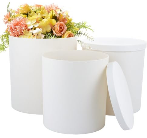 LDXDRU 3 Pack White Gift Boxes with Lids, 22/24 / 26cm Plastic Florist Hat Box with Ribbon Handles, Decorative Storage Box Round Present Boxes Gift Packaging Box for Birthday Wedding Anniversary